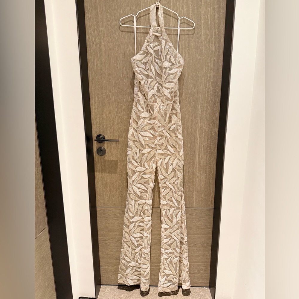 NADINE MERABI Beige Leaf Halter Jumpsuit - Picture 2 of 16
